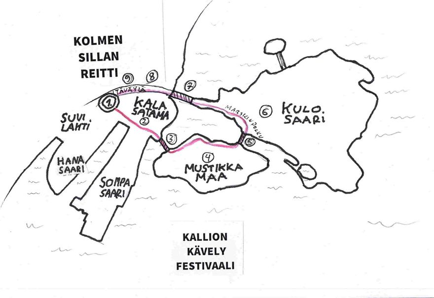 KOLMEN SILLAN REITTI on kartalle koottu omatoiminen kävelyreitti, joka esittelee Kalasataman, Mustikkamaan ja Kulosaaren historiaa ja nykyisyyttä, luontoa ja kulttuuria, julkista taidetta, arkkitehtuuria. Kolmen sillan reitti alkaa Suvilahden vanhan voimalan edestä ja kulkee Kalastaman kaupunginosan halki Isoisänsillan kautta Mustikkamaalle (jossa useita reittivaihtoehtoja) ja Mustikkamaan sillan kautta Kulosaareen, sieltä reitti etenee Kulosaaren siltaa ja Itäväylää pitkin Sörnäisten rantatielle päättyen lopulta takaisin Suvilahteen. Kolmen sillan reitin voi kiertää , joko kävellen, juosten tai pyöräillen. Reitin avulla voi tehdä myös kotiseutumatkailua Kalasataman lähialueille. Kohteiden esittely alla